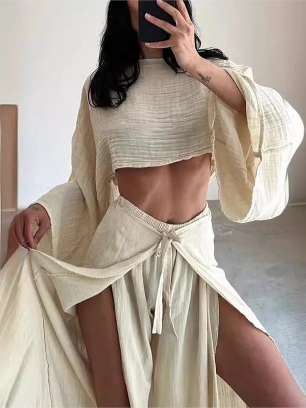 Fashion Flare Sleeve Hollow 2pcs Women Casual Solid Cotton Linen Suit Y2k Summer O Neck Crop Top+Lace-up Ruffle Pants Outfit
