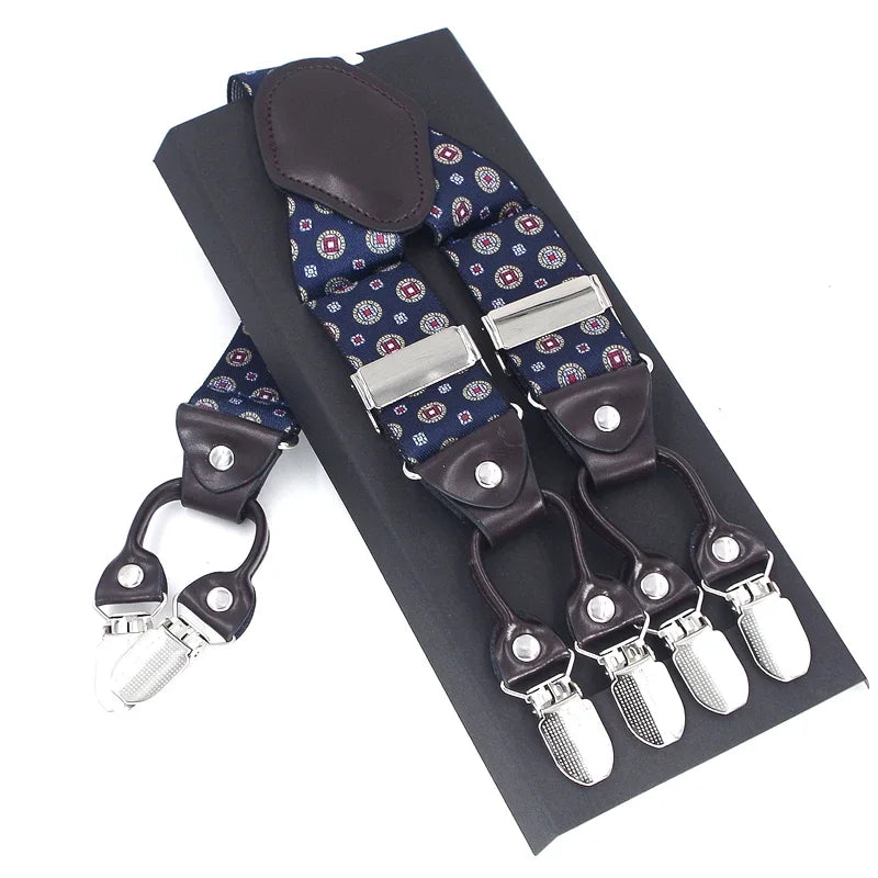 Men's Casual Fashion Leather Suspenders Adjustable High Quality Belt Strap Braces with 6 Clips