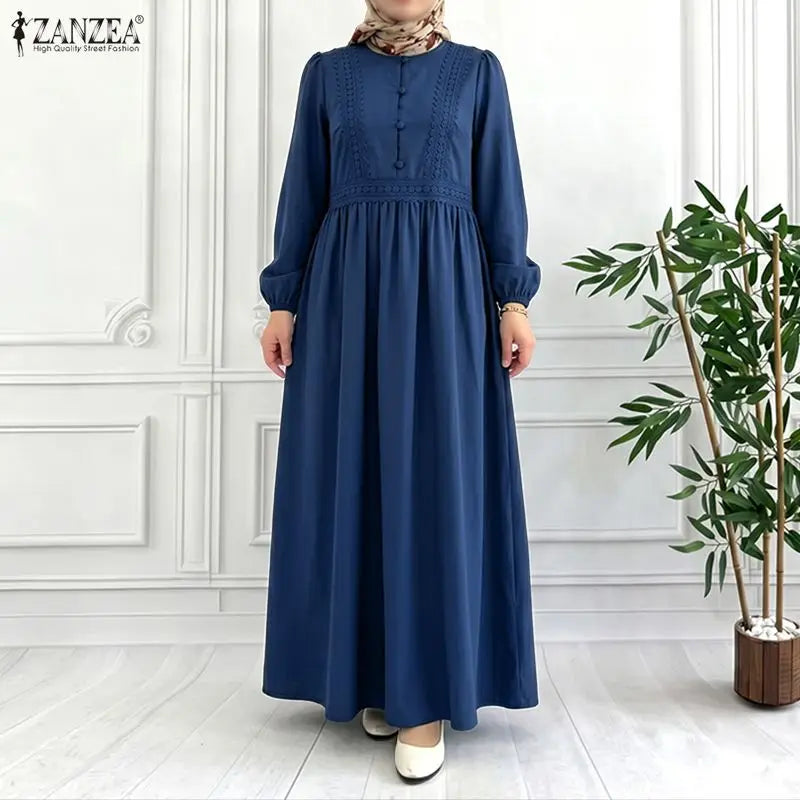ZANZEA Muslim Women Lace Patchwork Maxi Dress Modet | SAMAG