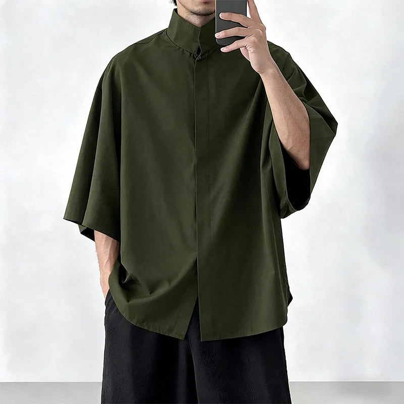 Japanese Style Men Stand Collar Half Sleeve Shirt Loose | SAMAG