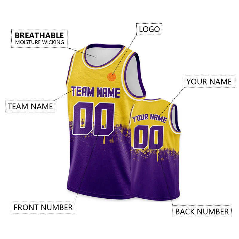 Custom Basketball Jersey Tank Top Printed Team Name & Number Logo for Adult Kid Youth, Personalized Gold Purple Basketball Shirt