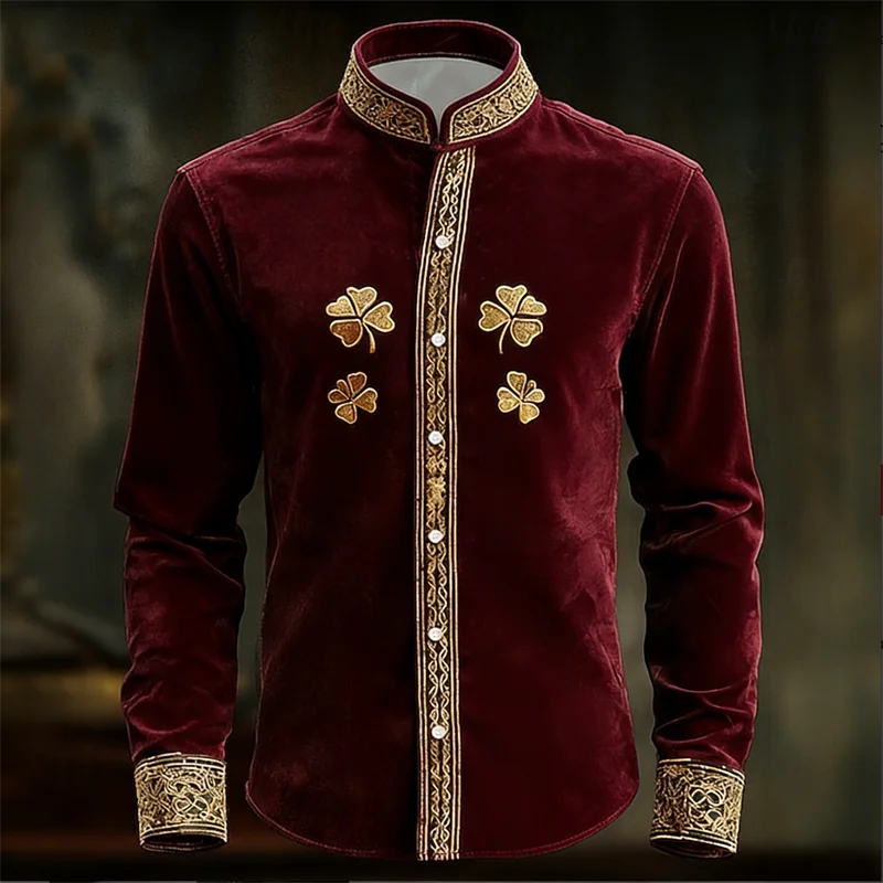 New Men's Floral Long Sleeved Shirt with Gold 3D Clover | SAMAG
