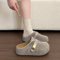 Women Lady Suede Flat Clogs Mules Slides with Gold Buckle Closed Toe Slip on Shoes Casual Fashion Footwear Slippers Shoes Woman