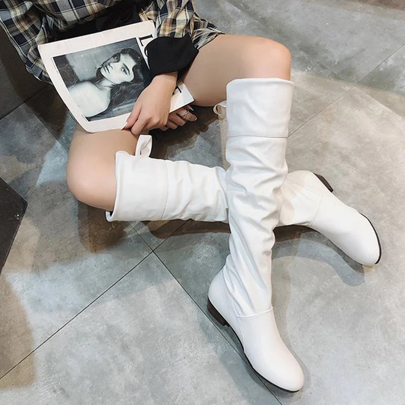 Shoes For Women  Knee High Boots Red Black White Tall Boots Woman Pleated Low Heel Casual Leather Female Long Shoes 2024
