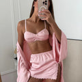 Hiloc Pink Elegant Satin Women's Pajamas Sexy Lace | SAMAG