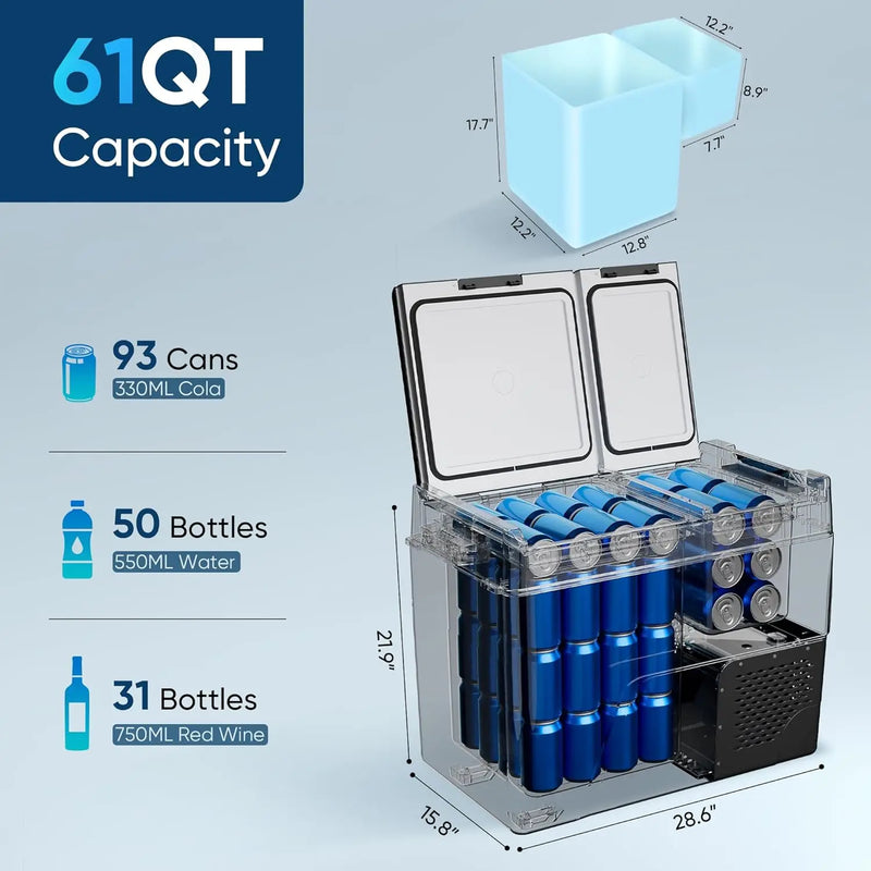 Dual Zone Electric Cooler 61QT(58L) - Portable Refrigerator Freezer -4℉~68℉, 12/24V DC 100-240V AC Car Fridge for Travel Camping RV Home, 12 Volt Refrigerator