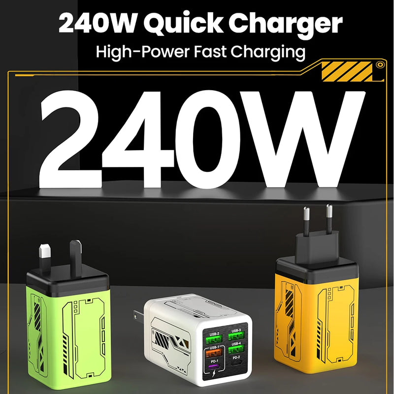 240W 4USB+2Type C Super Fast Charging Mobile Phone Charger 6 Ports USB3.0 PD3.0 EU/UK/US Charger For Iphone 17 16 Samsung POCO