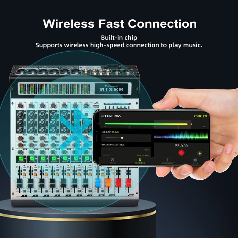 FLALWREO 8 / 12Channel Audio Interfacer DJ Mixer Sound Board 99-Bit DSP Effect USB Audio Mixer Effects +48V Phantom Bluetooth fo