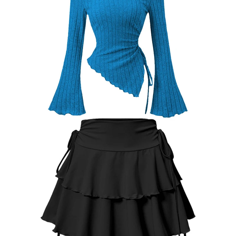 New Fashion Women's Half Skirt Summer Casual Elastic High Waist Slim Skirt Long Sleeve Slant Shoulder Sexy T-shirt Top 2-Piece