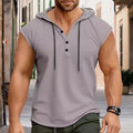 Men Vest Hooded Drawstring Sleeveless Tops Solid Color T-Shirt with Wide Shoulder Straps Button Adjustment Sports Vest