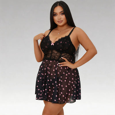 Black Heart Print Lace Babydoll Lingerie Set for Women | SAMAG