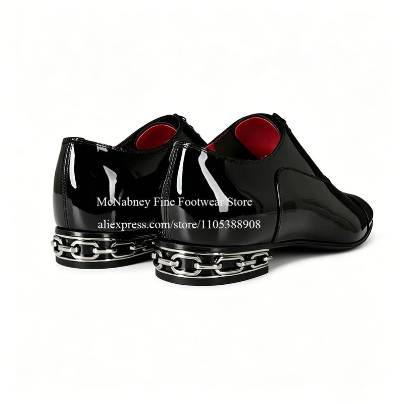 Patent Leather Metal Chain Heel Gentleman Oxfords Lace up Alpha Male Dress Shoes Classic Formal Shoes for Party Wedding Business