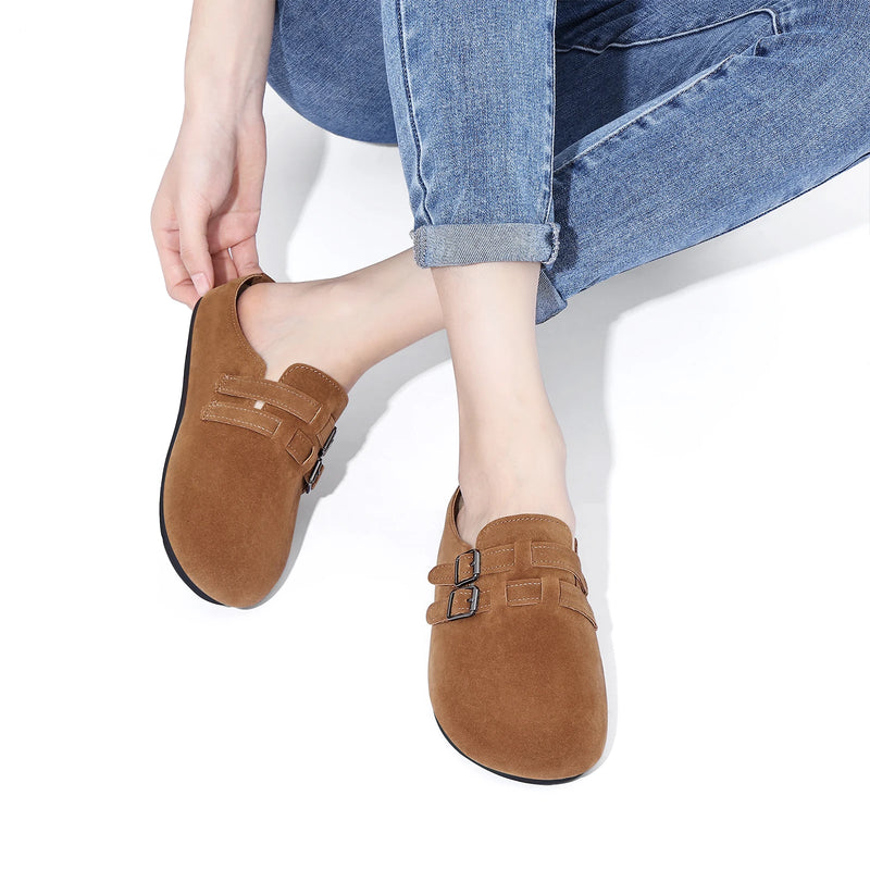 Evshine Women's Suede Clogs Slippers with Double Buckle Non-slip Beach Slides Classic Potato Shoes Comfy Soft Insole Flat Mules
