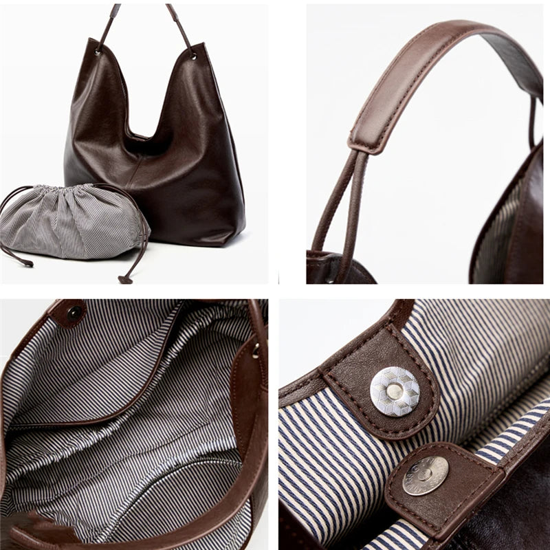 BURMINSA Luxury Genuine Leather Handbags Large Slouchy Hobo Shoulder Bags For Women Cowhide Shopping Tote Business Work Purses