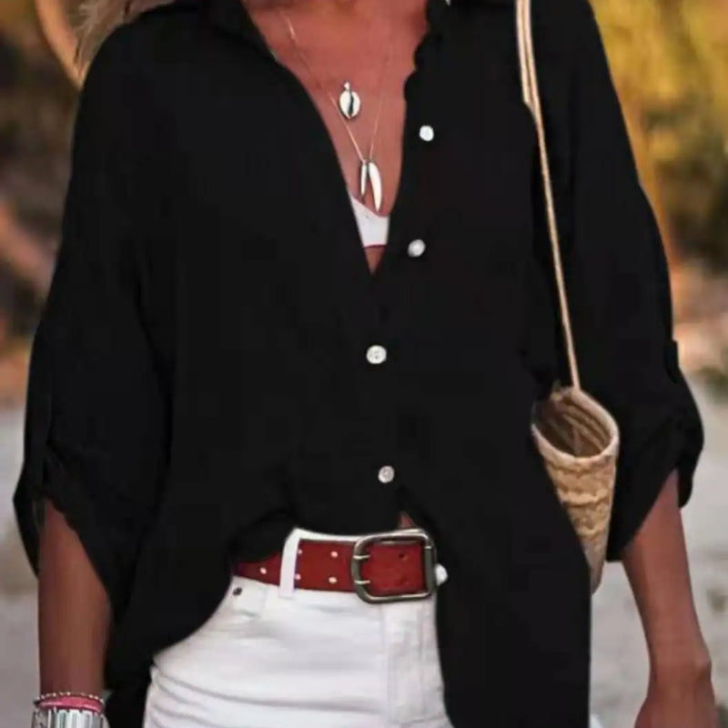 Women's Loose Fit Solid Color Long Sleeve Buttoned Blouse - View 9 | SAMAG