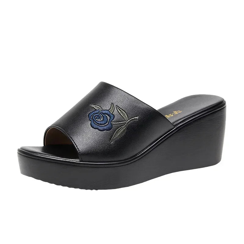6cm Small Size 32-43 Comfortable Floral Embroider Wedges Slippers 2026 Women's Med Heels Platform Slides for Office Beach Mom