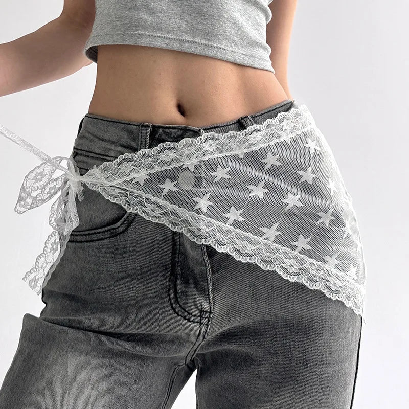 Korean Style Lace Embroidery Belt with Detachable Scarf Layering Accessory for Tulle Skirts Elegant Waist Chain with Floral