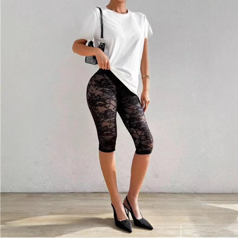 Black Lace Leggings Women's Sensual High - Waisted Sheer - View 2 | SAMAG