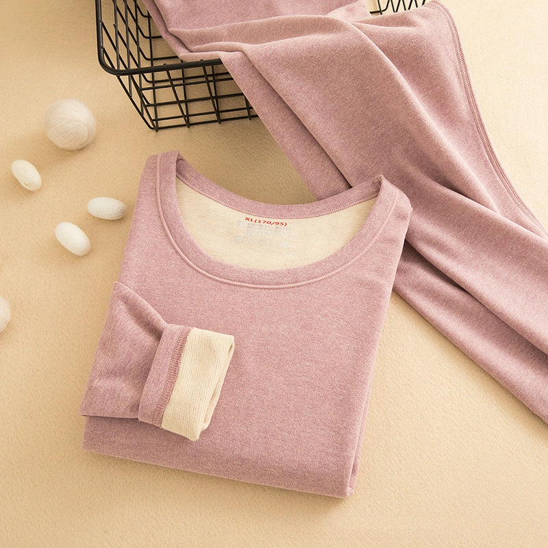 Wool Silk Thermal Underwear Set Double-sided Cashmere Long Johns Plus Cashmere Thick Autumn Winter for Men Women Warm Underwear