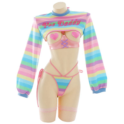Women Rainbow Stripe Long Sleeve Short Tops and Panty | SAMAG