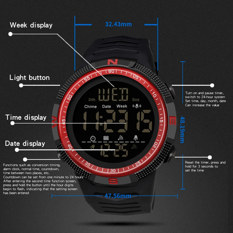 SANDA Fashion Men's LCD Digital Casual Date and Week Alarm Waterproof Sport Silicone Strap Military Electronic Watch