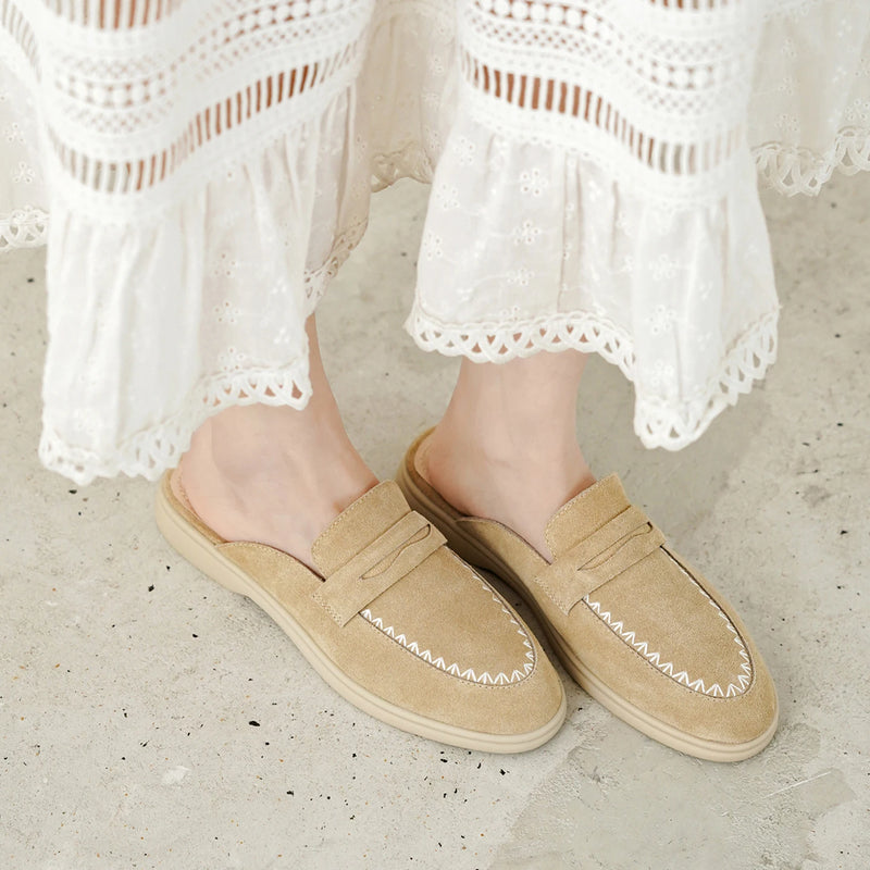 New Genuine Leather Cowhide Women Mules,Round Toe Slip-on Women Slippers,Flats Women Shoes