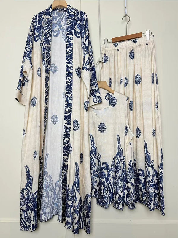 Design retro positioning printed long cardigan+vest three piece set for spring women's clothing+loose pants skirt fashion set