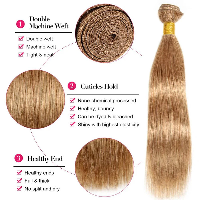 #27 Straight Human Hair Bundles 1/3/4 Pcs Bundles 10-32 Inch 95g/Bundle Brazilian Honey Blonde Hair Extensions Weave Gold Hair