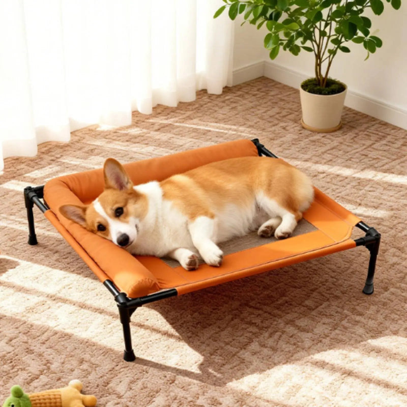 Elevated Dog Bed with Pillow Border Firm Support Elevated Dog Bed L-Shaped Pet Lounger All Seasons Use Cooling Mesh Pet Cot