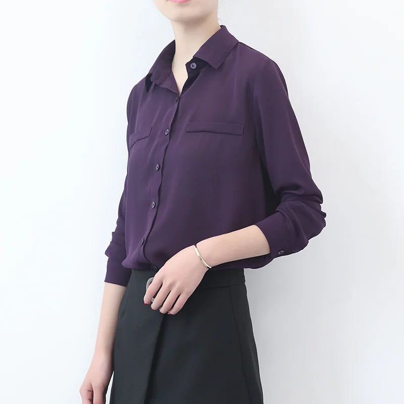 Simple Solid Color Loose Women's Chiffon Shirt 2025 Spring New Fine Long Sleeve Casual Blouses and Tops Lady OL Office Shirts