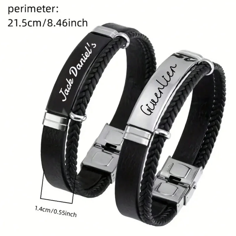 Custom Engraved Name Braided Rope Stainless Steel Bracelet, Personalised Engraved Text Twisted Rope Braided Leather Wristband