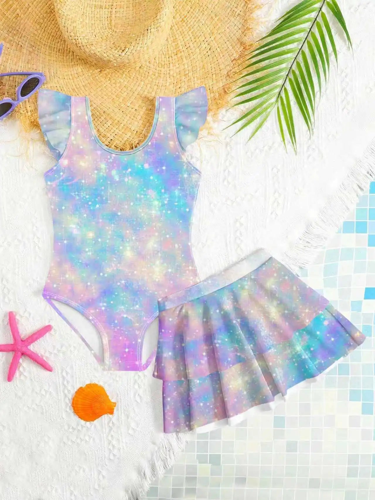 Kids Girls 2 Piece Galaxy Tie Dye Print One Piece Swimsuit with Ruffle Skirt Cover Up Summer Beach Swimwear