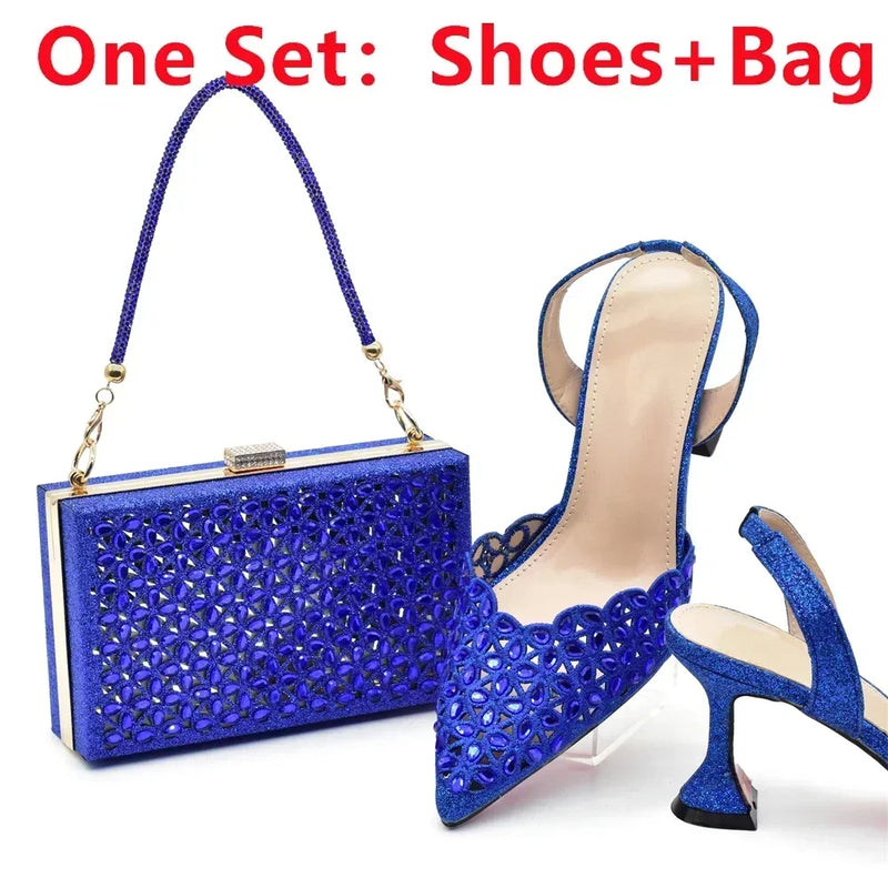 New Arrival Nigeria Women Designer Shoes and Bags Decorated with Rhinestone Wedding Italian Shoes Bag Set Pumps Women Luxury
