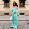 Casual Satin Pants Sets Women V Neck Sleeveless Scarf Patchwork Loose Suits Female 2026 Autumn New Chic Solid Vacation Set Lady