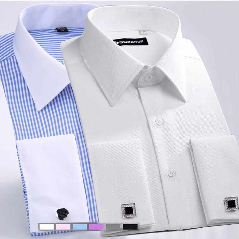 M~6XL Men's French Cuff Dress Shirt White Long Sleeve | SAMAG