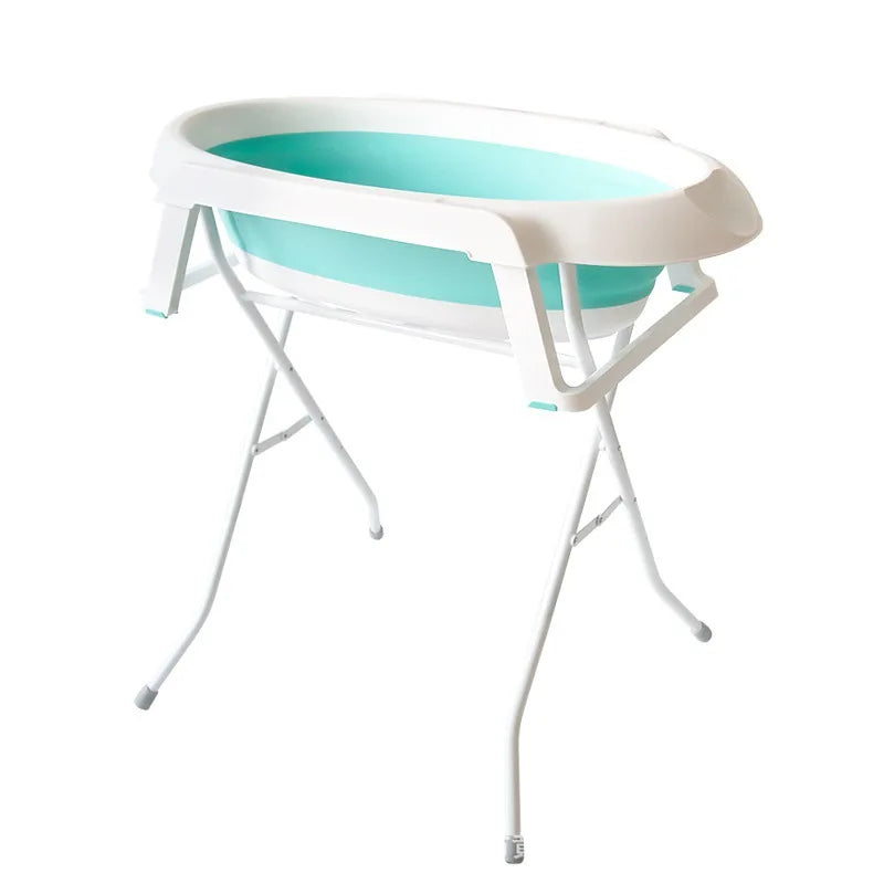 Foldable Baby Bath Tub with Stand No Bend Over Infant Bathing Collapsible Plastic Bathtub Iron Frame Supports Up to 20kg