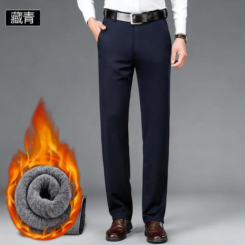 Winter Fleece Warm Business Formal Pants Men Classic Work Office Grey Elastic Waist Suit Thicked Thermal Trousers Plus