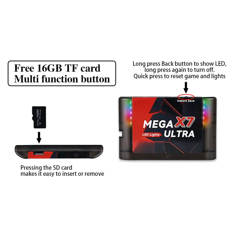 LED Light Mega X7 Ultra Instant Save  Game Cartridge for SEGA GENESIS Mega Drive MegaDrive Game Console With Manual Support 32x