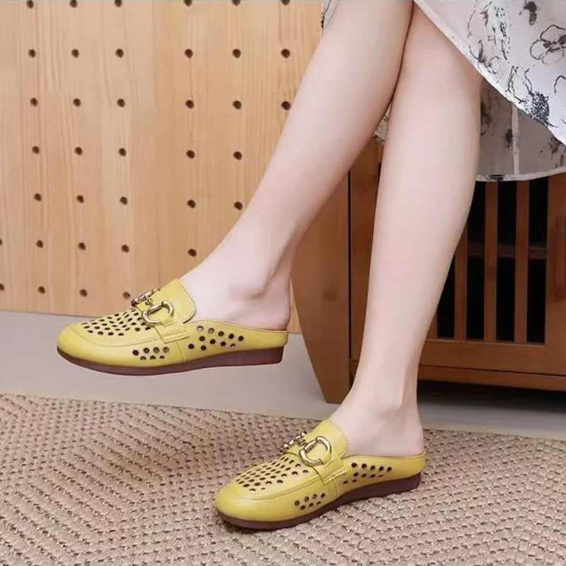 Women's Hollow Out Mules Summer Closed Toe Slippers Soft Leather Sole Horsebit Loafers Breathable Outdoor Flat Lazy Slides