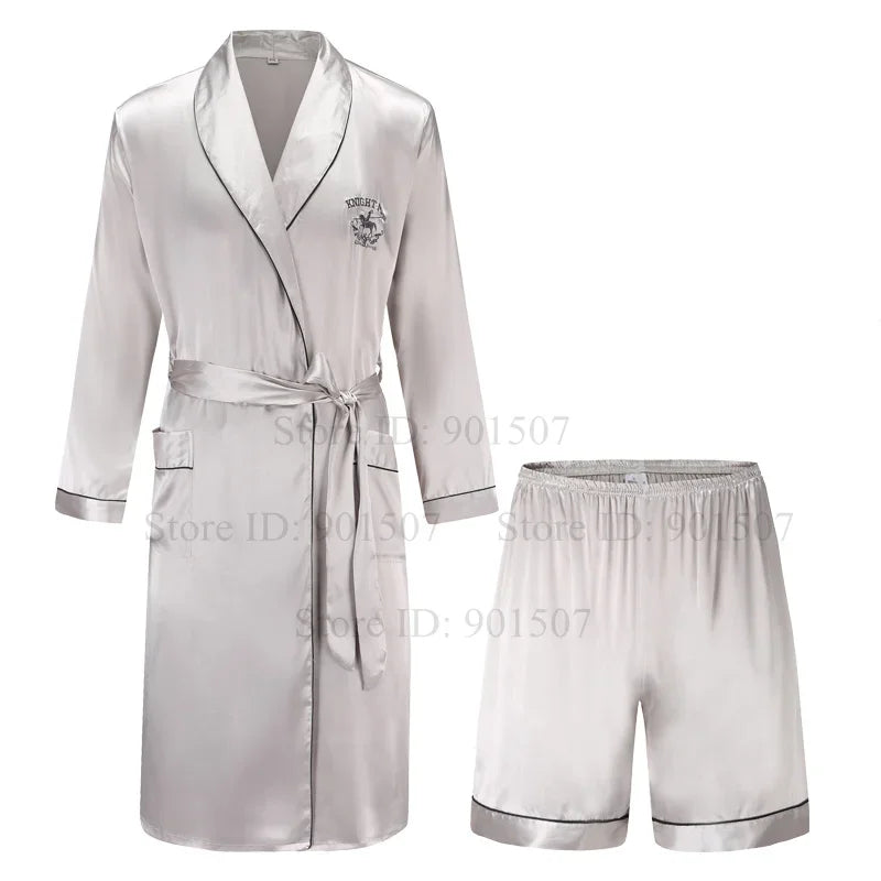 Spring Autumn Male Robe 3PCS Sleepwear Set Ice Silk Kimono Bathrobe Gown Loungewear Loose Casual Satin Homewear Nightwear 3XL