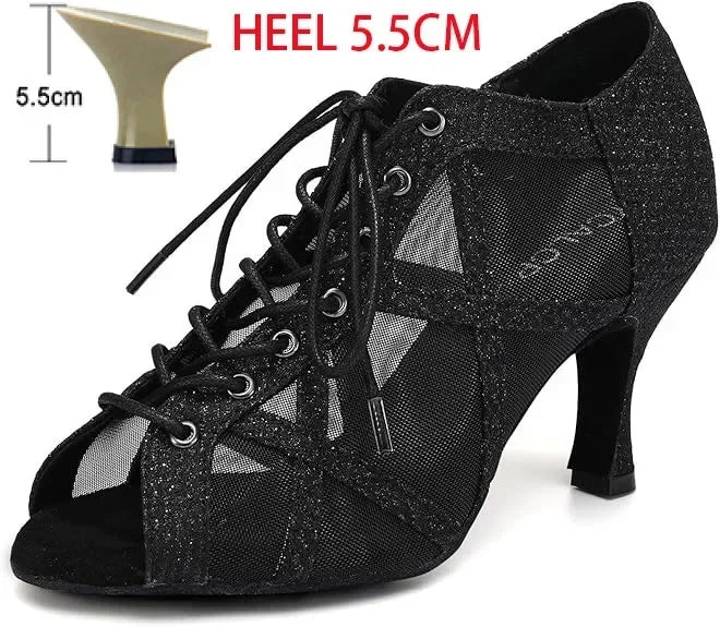 Black Latin Dance Shoes for Women Breathable Mesh Suede Sole Wedding Party Professional Ballroom Jazz Tango Training Dancing