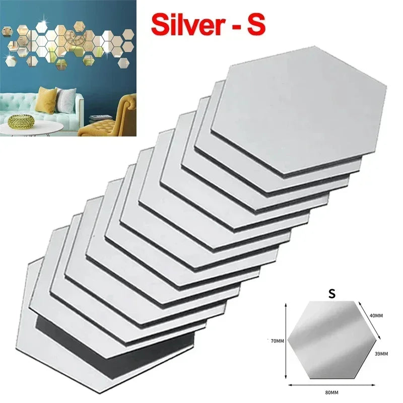 Hexagon Acrylic Mirror Wall Sticker Acrylic Adhesive Gold Silver Mosaic Tiles Removable DIY Bedroom Bathroom Home Decor Sticker