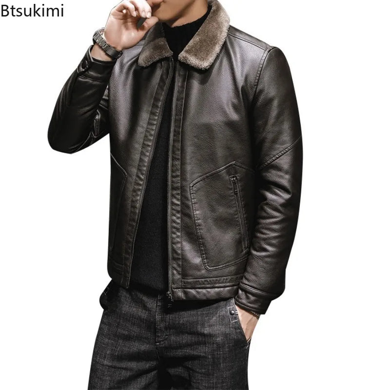 2026 Men's Winter Leather Jacket Middle-aged and Elderly Collar and Plush Fur Integrated Casual and Loose Leather Jacket for Men