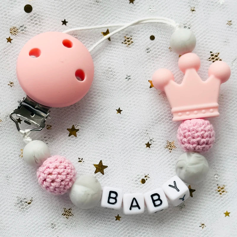 Free Custom Personalized Name Pacifier Clips Handmade Beech Wood Chain Silicone Crown Holder Soother Baby Teething Toy Chew Gift