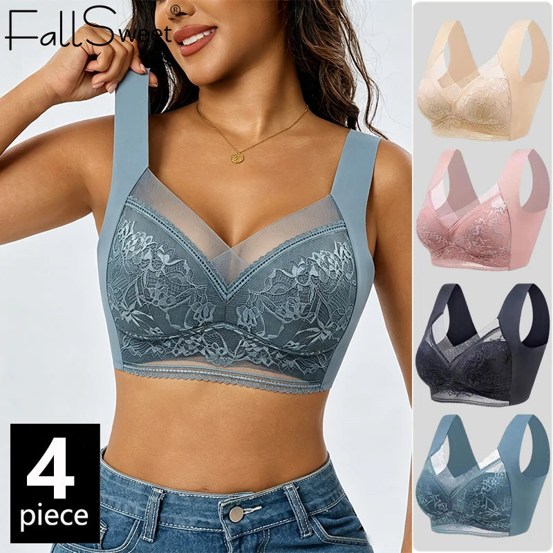 FallSweet 4PCS Plus Size Ice Silk Bra for Women Seamless Push Up Bralette Wireless Lace Brassiere Summer Underwear Lingerie Tops