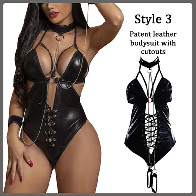 Sexy Women Lingerie Babydoll Underwear PU Leather Dress | SAMAG