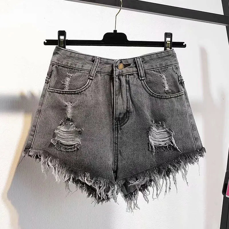 Large Size High-Waisted Denim Shorts for Women Summer Ruffled Wide-Leg Hot Pants Loose Fit A-Line Basic Short Jeans