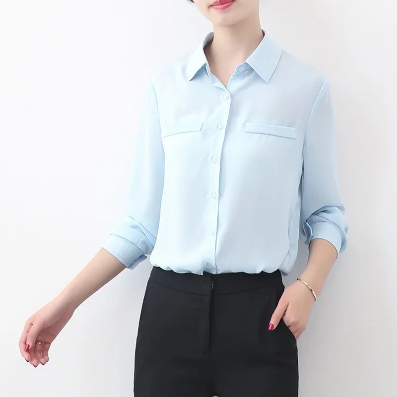 Simple Solid Color Loose Women's Chiffon Shirt 2025 Spring New Fine Long Sleeve Casual Blouses and Tops Lady OL Office Shirts