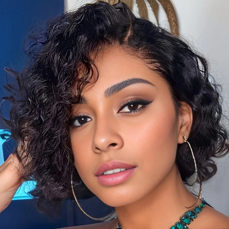 Short Curly Pixie Cut Lace Wig Pre plucked Bob Wig 13X4X1 T Part Lace Wig Curly Human Hair Wigs 180% Densiity
