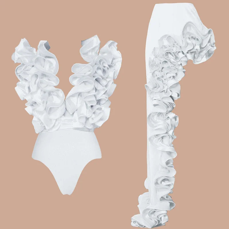 Sexy White 3D Ruffle Flower One Piece And Skirt Set | SAMAG